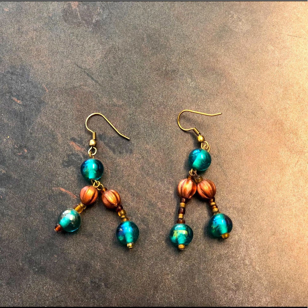 Copper and turquoise glass bead dangle earrings